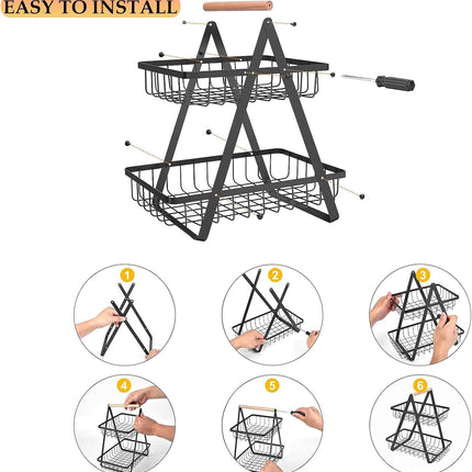 CARLA HOME 2-Tier Fruit Basket Stand for Kitchen Countertop for Fruits, Vegetables, Bread & Snacks with Wooden Handle-1978962253923356679