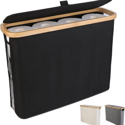CARLA HOME Toilet Paper Storage Basket Holds Up to 12 Rolls with Bamboo Lid and Handle for RV Closet (Black)-1978962254300844032