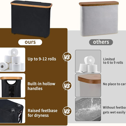 CARLA HOME Toilet Paper Storage Basket Holds Up to 12 Rolls with Bamboo Lid and Handle for RV Closet (Black)-1978962254300844036