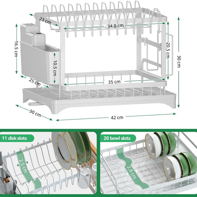 CARLA HOME 2-Tier Dish Drying Rack with Drainage Tray, Utensil Holder, Cup Hooks & Cutting Board Slot for Countertop Kitchen Storage (White)-1978962254820937729