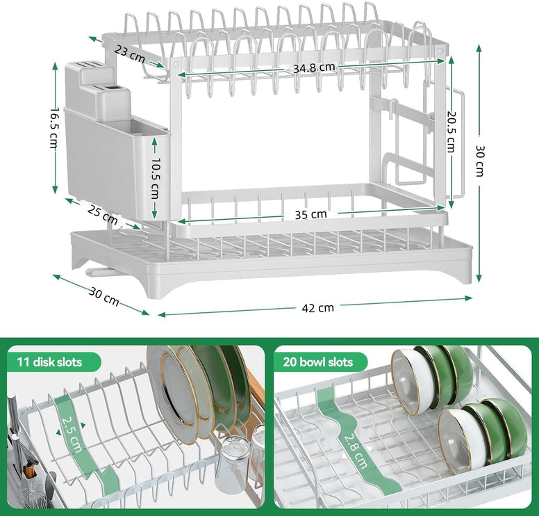 CARLA HOME 2-Tier Dish Drying Rack with Drainage Tray, Utensil Holder, Cup Hooks & Cutting Board Slot for Countertop Kitchen Storage (White)-1978962254820937729