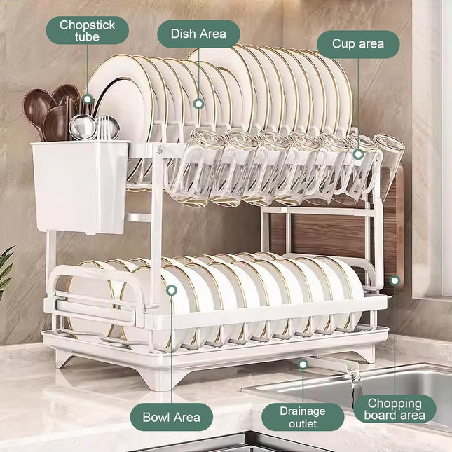 CARLA HOME 2-Tier Dish Drying Rack with Drainage Tray, Utensil Holder, Cup Hooks & Cutting Board Slot for Countertop Kitchen Storage (White)-1978962254820937730