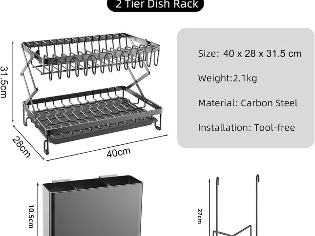 CARLA HOME 2-Tier Dish Drying Rack with Drainage Tray, Utensil Holder, Cup Hooks & Cutting Board Rack for Kitchen (Black)-1978962255831764993