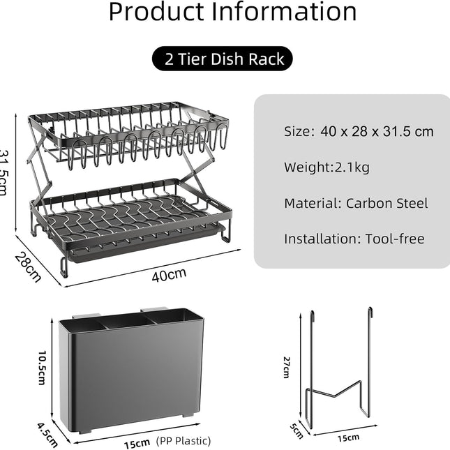 CARLA HOME 2-Tier Dish Drying Rack with Drainage Tray, Utensil Holder, Cup Hooks & Cutting Board Rack for Kitchen (Black)-1978962255831764993