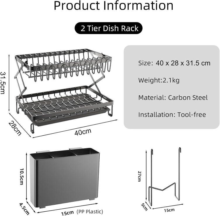 CARLA HOME 2-Tier Dish Drying Rack with Drainage Tray, Utensil Holder, Cup Hooks & Cutting Board Rack for Kitchen (Black)-1978962255831764993