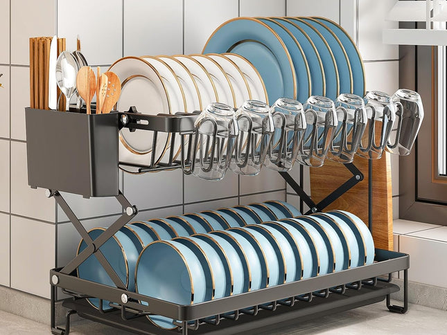 CARLA HOME 2-Tier Dish Drying Rack with Drainage Tray, Utensil Holder, Cup Hooks & Cutting Board Rack for Kitchen (Black)-1978962255831764994