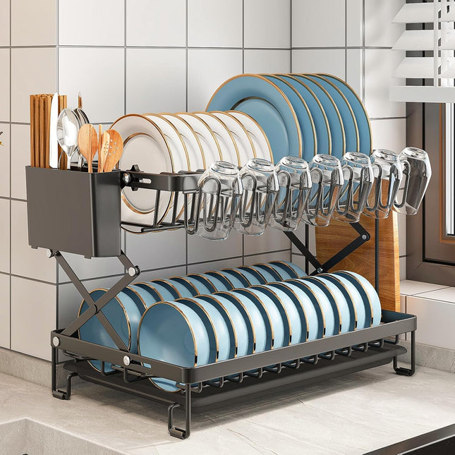 CARLA HOME 2-Tier Dish Drying Rack with Drainage Tray, Utensil Holder, Cup Hooks & Cutting Board Rack for Kitchen (Black)-1978962255831764994