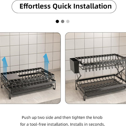 CARLA HOME 2-Tier Dish Drying Rack with Drainage Tray, Utensil Holder, Cup Hooks & Cutting Board Rack for Kitchen (Black)-1978962255831764995