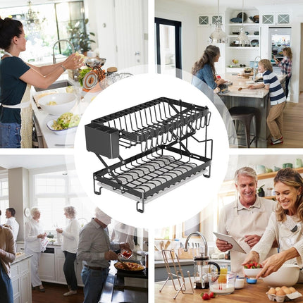 CARLA HOME 2-Tier Dish Drying Rack with Drainage Tray, Utensil Holder, Cup Hooks & Cutting Board Rack for Kitchen (Black)-1978962255831765000
