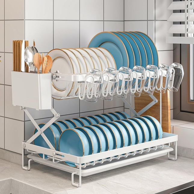 CARLA HOME 2-Tier Dish Drying Rack with Drainage Tray, Utensil Holder, Cup Hooks & Cutting Board Rack for Kitchen (White)-1978962255995342850