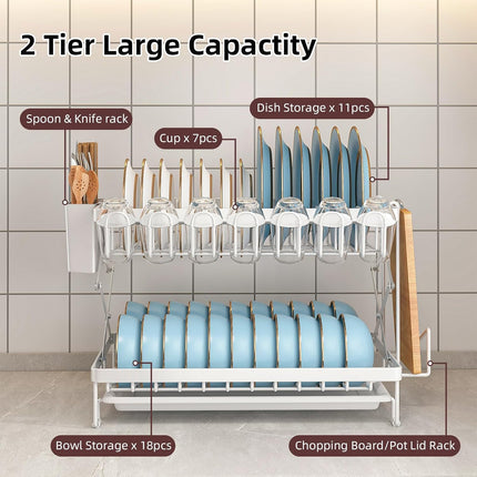 CARLA HOME 2-Tier Dish Drying Rack with Drainage Tray, Utensil Holder, Cup Hooks & Cutting Board Rack for Kitchen (White)-1978962255995342851