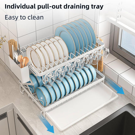 CARLA HOME 2-Tier Dish Drying Rack with Drainage Tray, Utensil Holder, Cup Hooks & Cutting Board Rack for Kitchen (White)-1978962255995342852