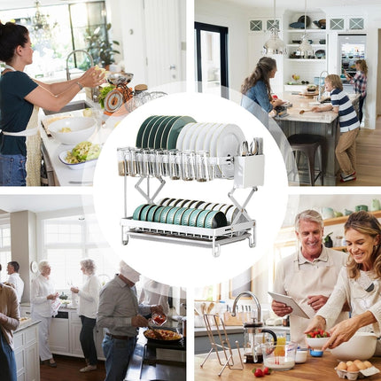 CARLA HOME 2-Tier Dish Drying Rack with Drainage Tray, Utensil Holder, Cup Hooks & Cutting Board Rack for Kitchen (White)-1978962255995342856