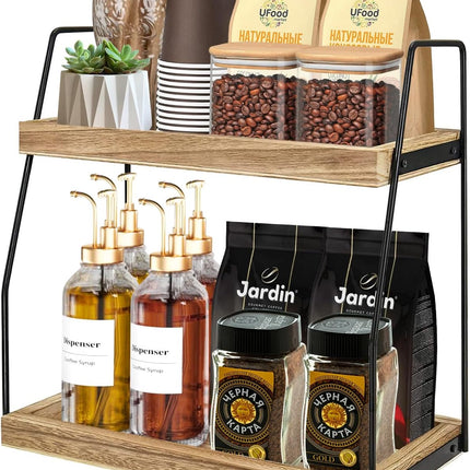 CARLA HOME 2-Tier Wooden Coffee Station Rack Organizer for Coffee Bar, Condiments, Syrups, Storage Jars & Spice Storage Shelf-1978962256662237184
