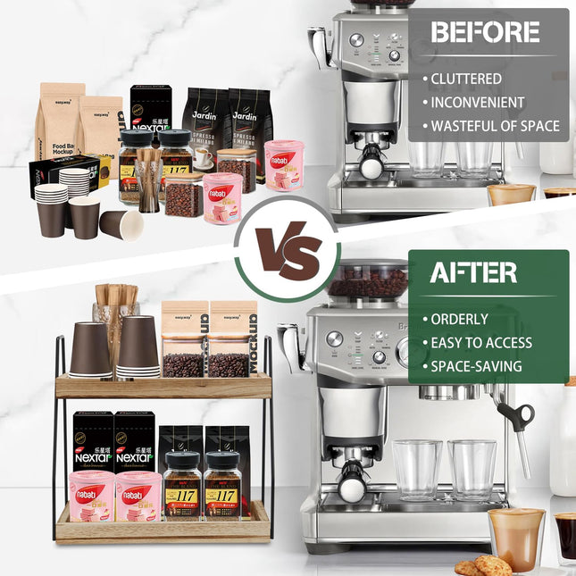 CARLA HOME 2-Tier Wooden Coffee Station Rack Organizer for Coffee Bar, Condiments, Syrups, Storage Jars & Spice Storage Shelf-1978962256662237186