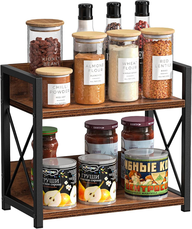 CARLA HOME 2-Tier Countertop Shelf Organizer Rustic Wood Kitchen Spice Rack for Storage, Condiments & Cabinet Organization-1978962256846786561