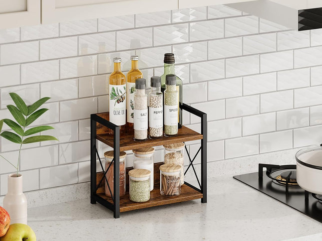 CARLA HOME 2-Tier Countertop Shelf Organizer Rustic Wood Kitchen Spice Rack for Storage, Condiments & Cabinet Organization-1978962256846786562