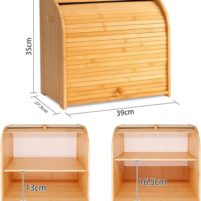 CARLA HOME Large Bamboo Bread Box Storage Organizer with Roll Top for Kitchen Counter-1978962257689841665