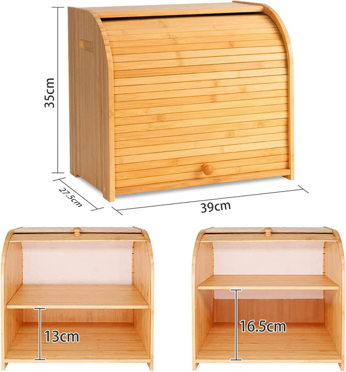 CARLA HOME Large Bamboo Bread Box Storage Organizer with Roll Top for Kitchen Counter-1978962257689841665