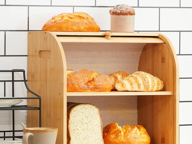 CARLA HOME Large Bamboo Bread Box Storage Organizer with Roll Top for Kitchen Counter-1978962257689841666