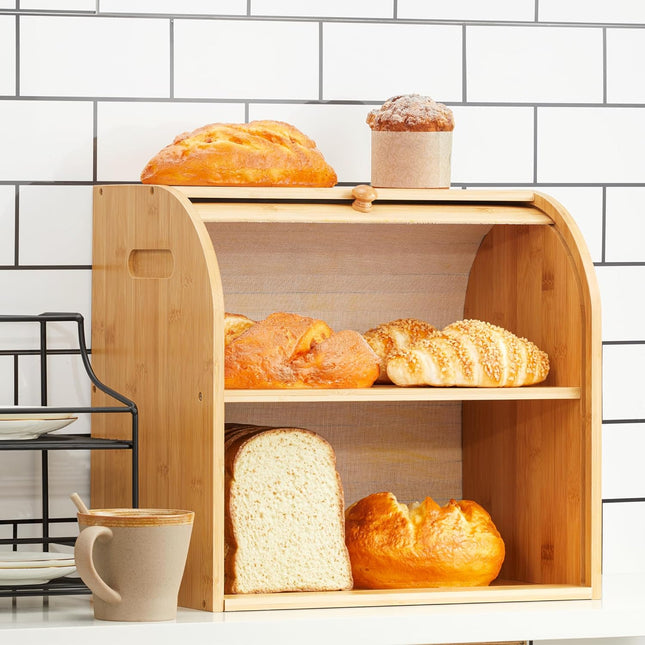 CARLA HOME Large Bamboo Bread Box Storage Organizer with Roll Top for Kitchen Counter-1978962257689841666
