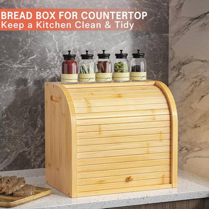 CARLA HOME Large Bamboo Bread Box Storage Organizer with Roll Top for Kitchen Counter-1978962257689841669