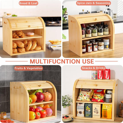 CARLA HOME Large Bamboo Bread Box Storage Organizer with Roll Top for Kitchen Counter-1978962257689841670
