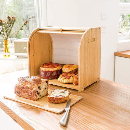 CARLA HOME Large Bamboo Bread Box Storage Organizer with Roll Top for Kitchen Counter-1978962257689841671