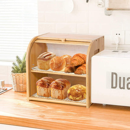 CARLA HOME Large Bamboo Bread Box Storage Organizer with Roll Top for Kitchen Counter-1978962257689841672
