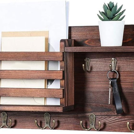 CARLA HOME Rustic Wood Wall Mounted Key and Mail Holder Organizer with Shelf, Letter Slot & 6 Hooks for Entryway Decor Home-1978962258365124608