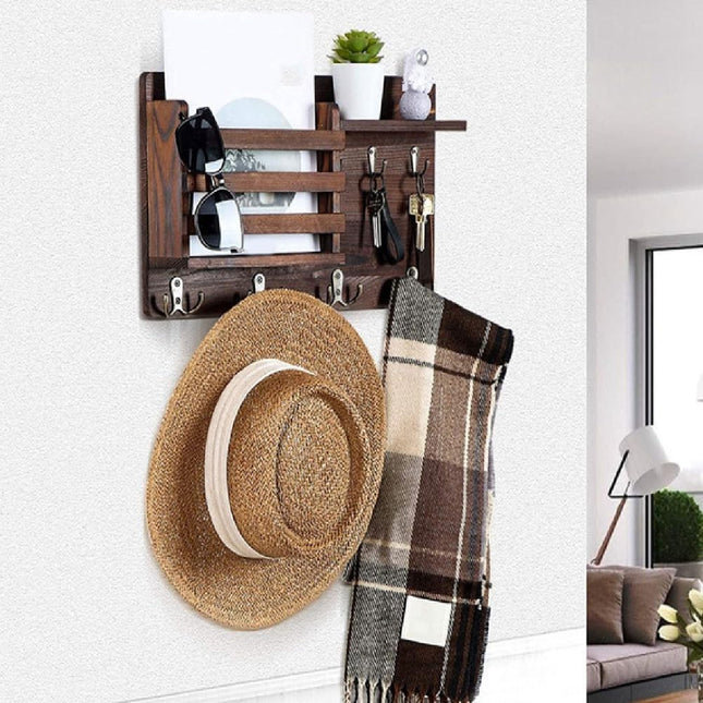 CARLA HOME Rustic Wood Wall Mounted Key and Mail Holder Organizer with Shelf, Letter Slot & 6 Hooks for Entryway Decor Home-1978962258365124609