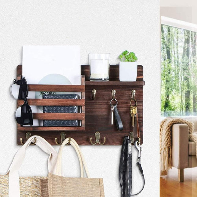 CARLA HOME Rustic Wood Wall Mounted Key and Mail Holder Organizer with Shelf, Letter Slot & 6 Hooks for Entryway Decor Home-1978962258365124610
