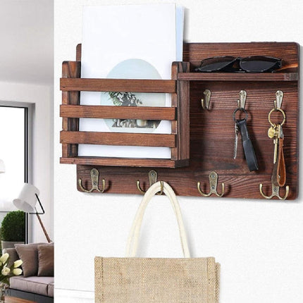 CARLA HOME Rustic Wood Wall Mounted Key and Mail Holder Organizer with Shelf, Letter Slot & 6 Hooks for Entryway Decor Home-1978962258365124611