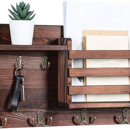 CARLA HOME Rustic Wood Wall Mounted Key and Mail Holder Organizer with Shelf, Letter Slot & 6 Hooks for Entryway Decor Home-1978962258365124612