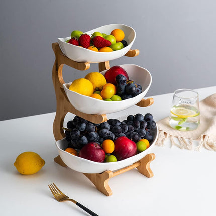 CARLA HOME 3-Tier Ceramic Fruit Bowl Basket with Bamboo Stand for Kitchen Counter, Snack Tray, Dessert Server & Vegetable Storage Rack-1978962258746806281