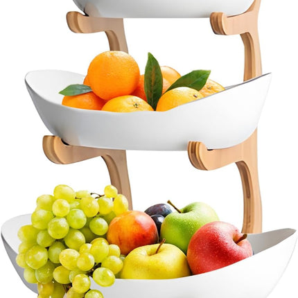 CARLA HOME 3-Tier Ceramic Fruit Bowl Basket with Bamboo Stand for Kitchen Counter, Snack Tray, Dessert Server & Vegetable Storage Rack-1978962258746806272