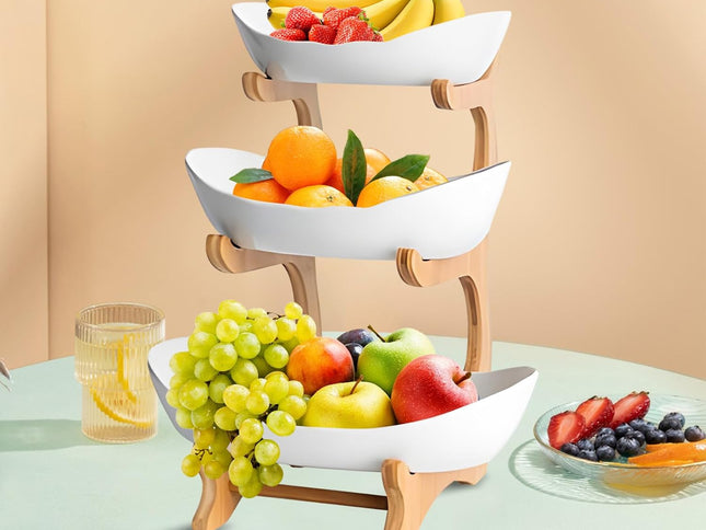 CARLA HOME 3-Tier Ceramic Fruit Bowl Basket with Bamboo Stand for Kitchen Counter, Snack Tray, Dessert Server & Vegetable Storage Rack-1978962258746806273