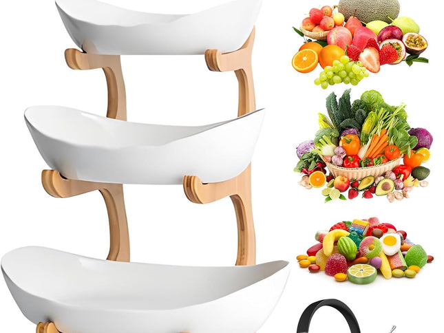 CARLA HOME 3-Tier Ceramic Fruit Bowl Basket with Bamboo Stand for Kitchen Counter, Snack Tray, Dessert Server & Vegetable Storage Rack-1978962258746806274