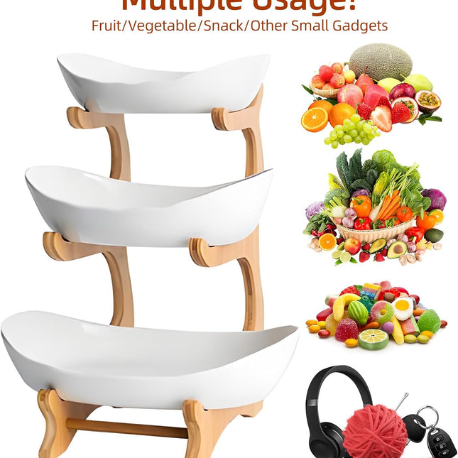CARLA HOME 3-Tier Ceramic Fruit Bowl Basket with Bamboo Stand for Kitchen Counter, Snack Tray, Dessert Server & Vegetable Storage Rack-1978962258746806274