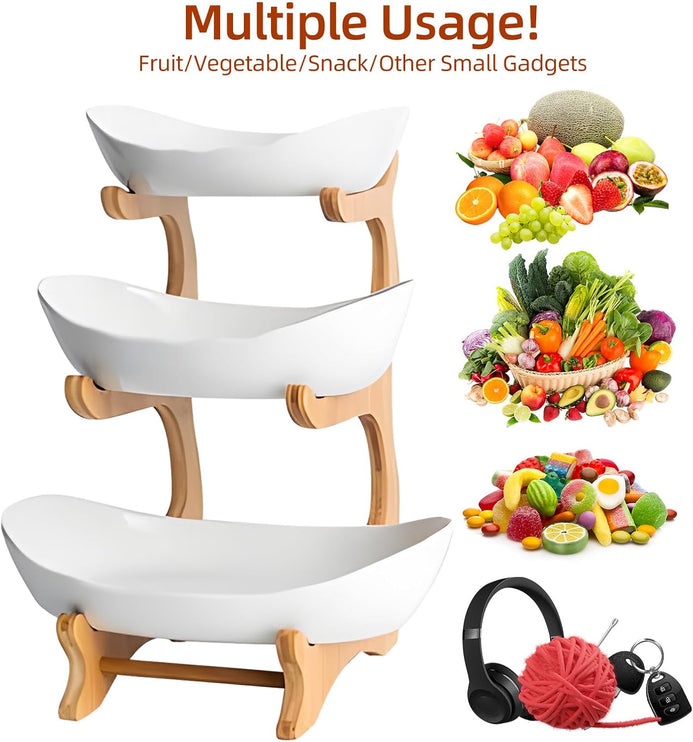 CARLA HOME 3-Tier Ceramic Fruit Bowl Basket with Bamboo Stand for Kitchen Counter, Snack Tray, Dessert Server & Vegetable Storage Rack-1978962258746806274
