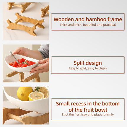 CARLA HOME 3-Tier Ceramic Fruit Bowl Basket with Bamboo Stand for Kitchen Counter, Snack Tray, Dessert Server & Vegetable Storage Rack-1978962258746806275