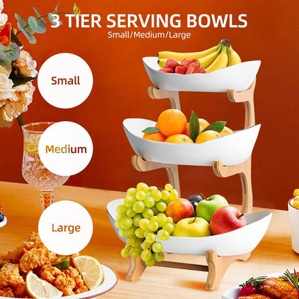 CARLA HOME 3-Tier Ceramic Fruit Bowl Basket with Bamboo Stand for Kitchen Counter, Snack Tray, Dessert Server & Vegetable Storage Rack-1978962258746806276