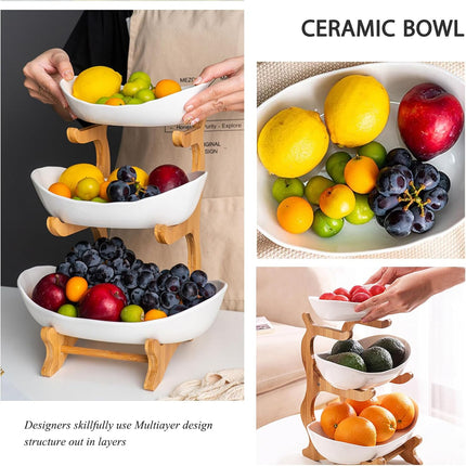 CARLA HOME 3-Tier Ceramic Fruit Bowl Basket with Bamboo Stand for Kitchen Counter, Snack Tray, Dessert Server & Vegetable Storage Rack-1978962258746806277