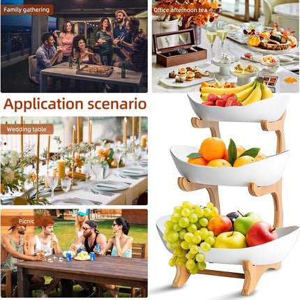 CARLA HOME 3-Tier Ceramic Fruit Bowl Basket with Bamboo Stand for Kitchen Counter, Snack Tray, Dessert Server & Vegetable Storage Rack-1978962258746806278