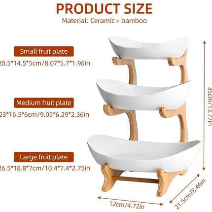 CARLA HOME 3-Tier Ceramic Fruit Bowl Basket with Bamboo Stand for Kitchen Counter, Snack Tray, Dessert Server & Vegetable Storage Rack-1978962258746806279