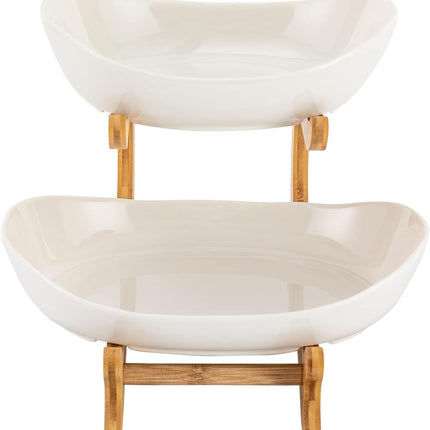 CARLA HOME 2-Tier Ceramic Fruit Bowl Basket with Bamboo Stand for Kitchen Counter, Snack Tray, Dessert Server & Vegetable Storage Rack-1978962258918772745