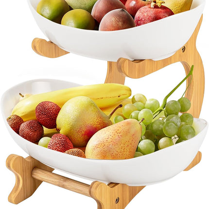 CARLA HOME 2-Tier Ceramic Fruit Bowl Basket with Bamboo Stand for Kitchen Counter, Snack Tray, Dessert Server & Vegetable Storage Rack-1978962258918772736