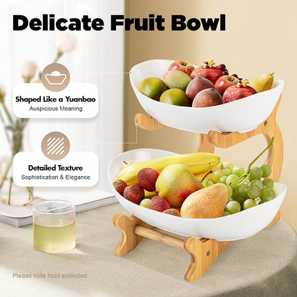 CARLA HOME 2-Tier Ceramic Fruit Bowl Basket with Bamboo Stand for Kitchen Counter, Snack Tray, Dessert Server & Vegetable Storage Rack-1978962258918772738