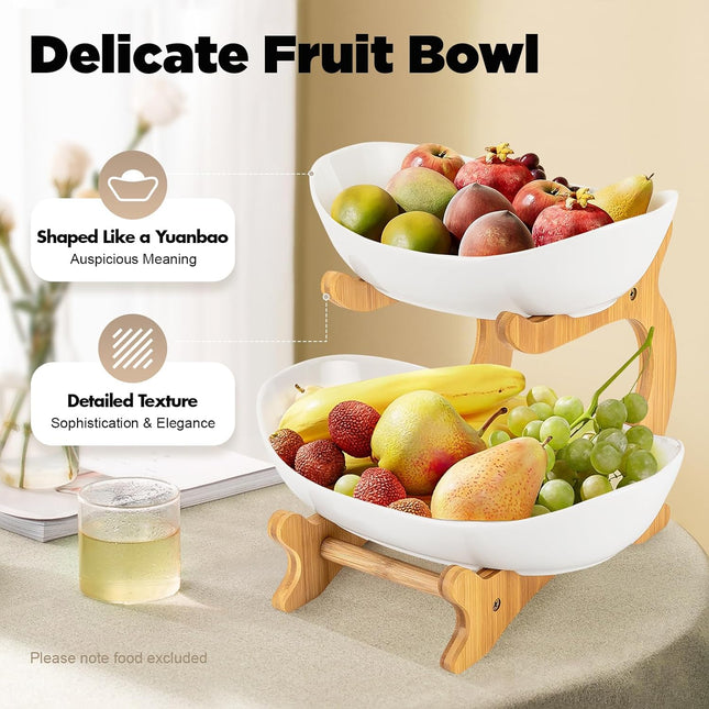 CARLA HOME 2-Tier Ceramic Fruit Bowl Basket with Bamboo Stand for Kitchen Counter, Snack Tray, Dessert Server & Vegetable Storage Rack-1978962258918772738