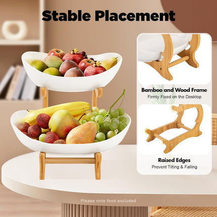 CARLA HOME 2-Tier Ceramic Fruit Bowl Basket with Bamboo Stand for Kitchen Counter, Snack Tray, Dessert Server & Vegetable Storage Rack-1978962258918772739